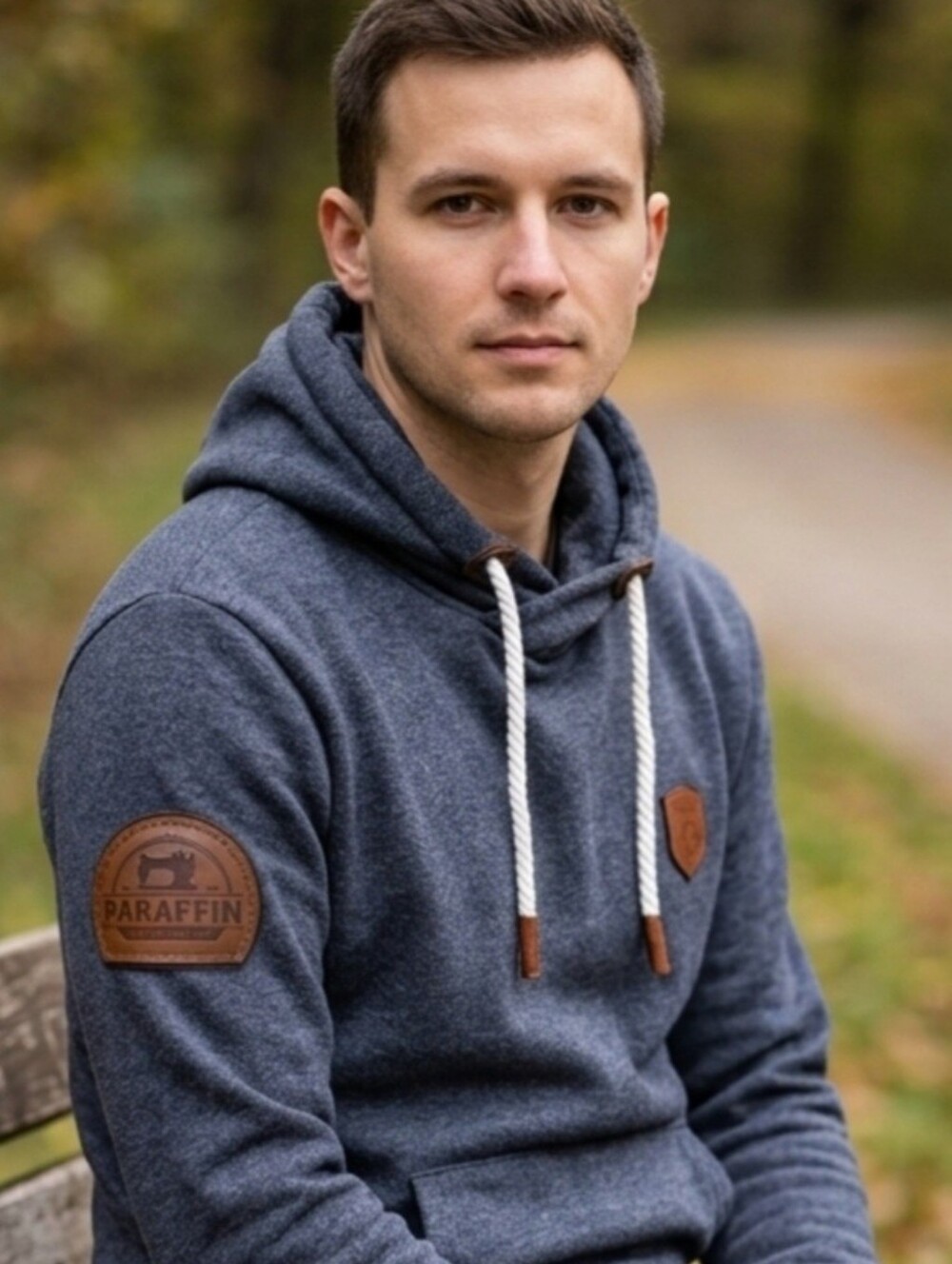 Men's Heather Navy Hooded Pullover with Contrast Rope Drawcords